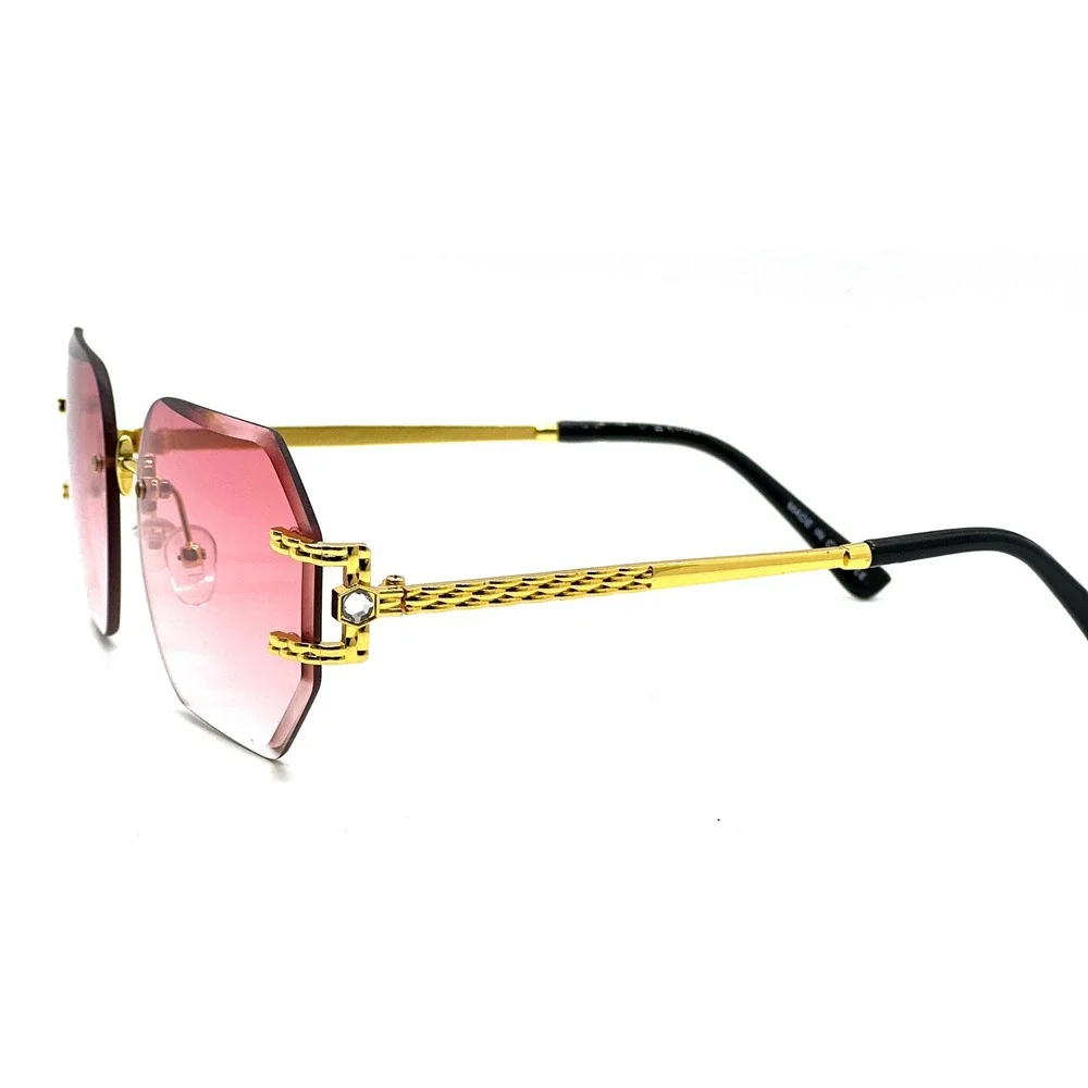 Mens Pink Gradient Rimless Geometric Sunglasses Gold Textured Metal Frame UV400